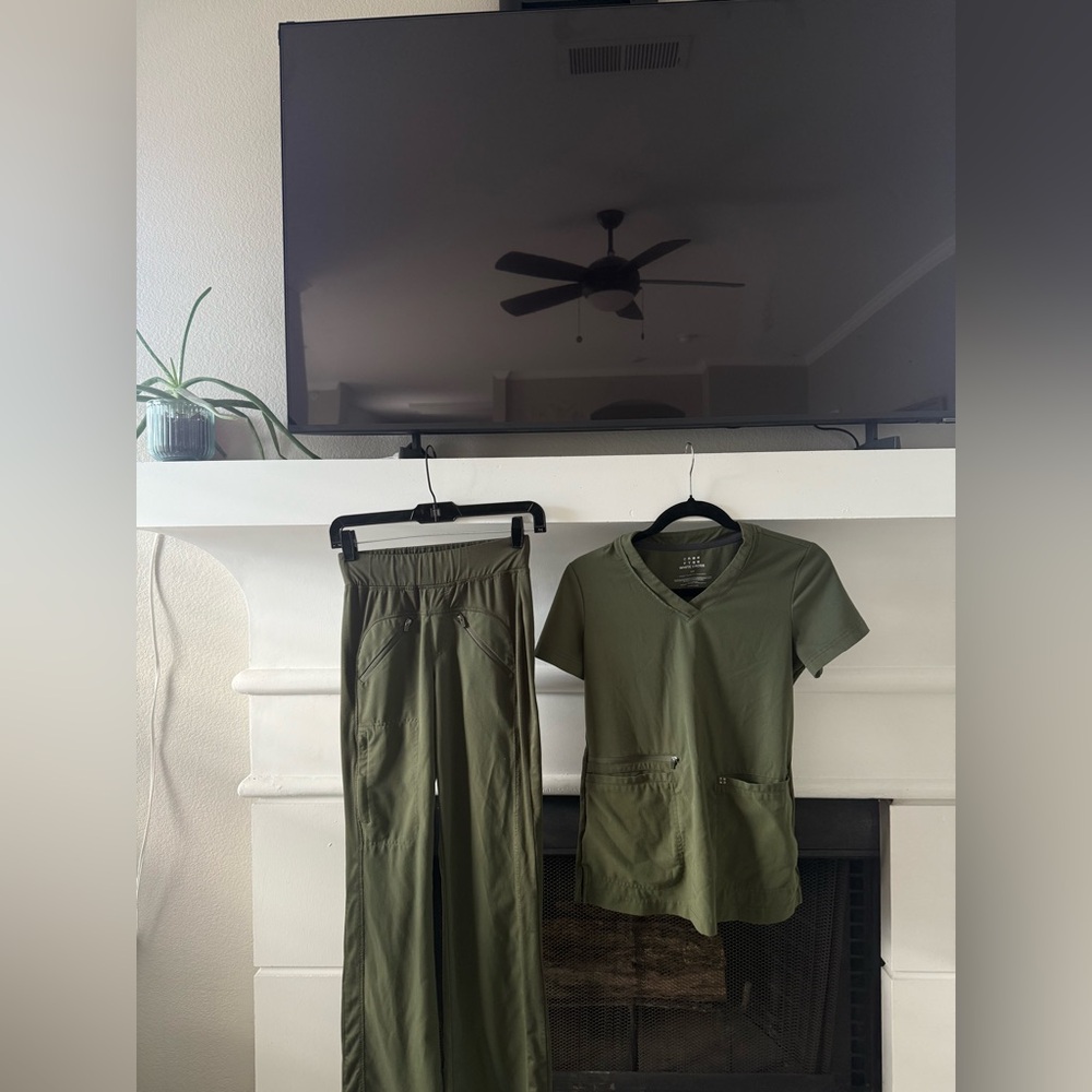 Moss CRFT White Cross 5 pocket bootcut scrub pants with 3 pocket scrub top